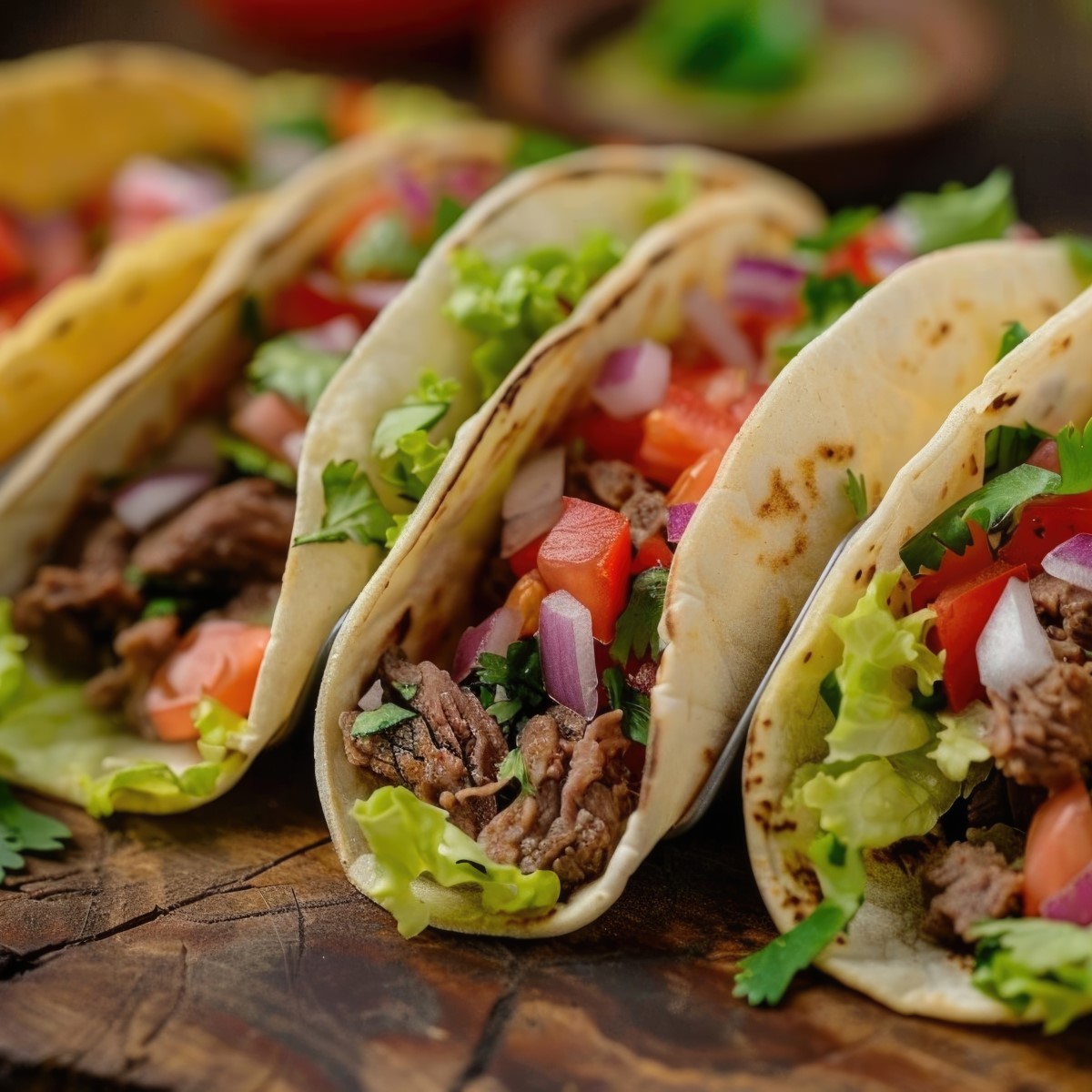 Beef soft tacos with fresh toppings of salsa and lettuce.