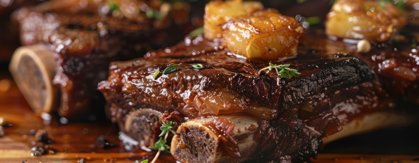 Juicy rack of ribs with parsley garnish.