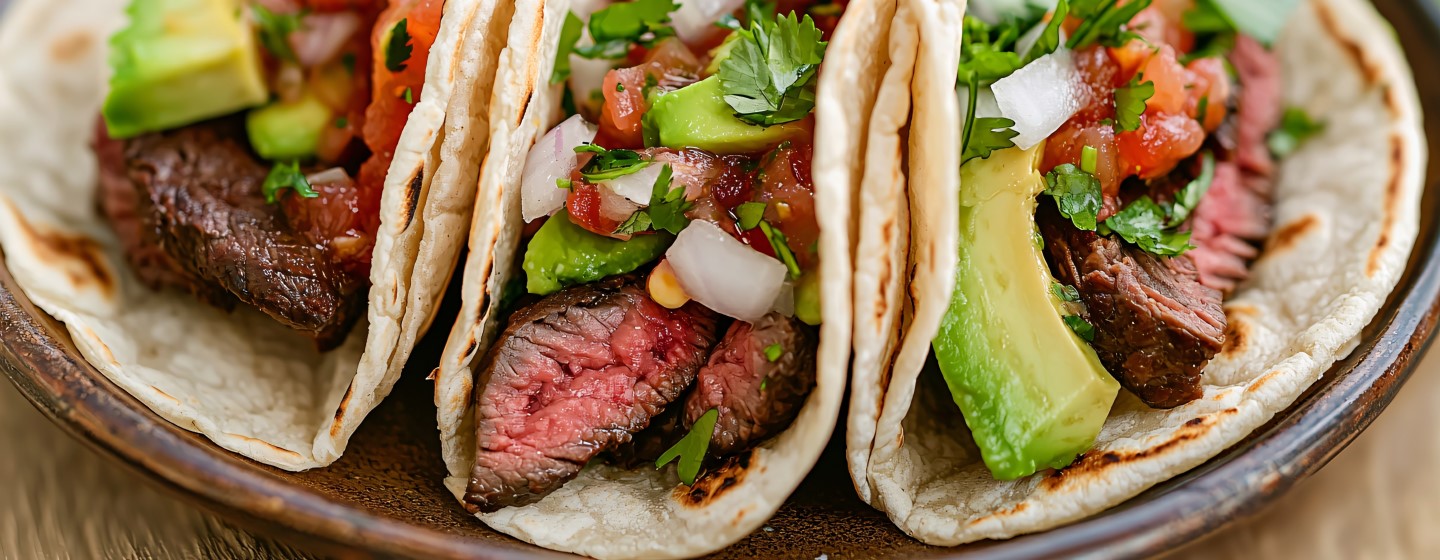 Three steak tacos with avocado and fresh toppings in soft tortillas.