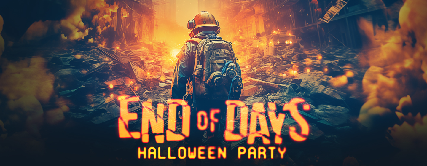 Image for Halloween Party featuring a figure in a hardhat and backpack amidst a dark, dystopian city scene, with flames rising from a fire in the background.